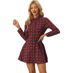 imageAllegra K Womens Plaids Button Down Cotton Mini ALine Shirt DressRed