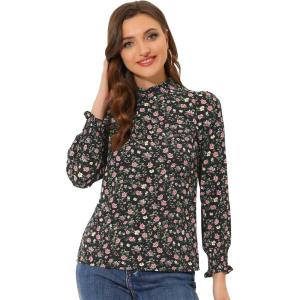 imageAllegra K Womens Printed Ruffled Mock Neck Puff Long Sleeve Casual Blouse TopBlack Pink