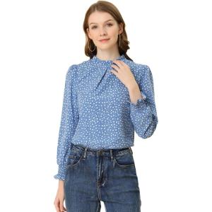 imageAllegra K Womens Printed Ruffled Mock Neck Puff Long Sleeve Casual Blouse TopBlue Greyheart