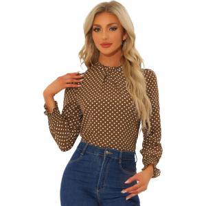 imageAllegra K Womens Printed Ruffled Mock Neck Puff Long Sleeve Casual Blouse TopBrown