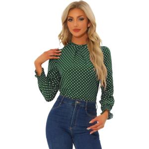 imageAllegra K Womens Printed Ruffled Mock Neck Puff Long Sleeve Casual Blouse TopDark Green