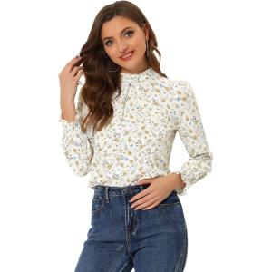 imageAllegra K Womens Printed Ruffled Mock Neck Puff Long Sleeve Casual Blouse TopWhite Yellow