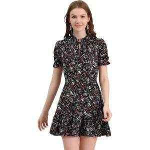 imageAllegra K Womens Ruffle Dress 2023 Summer Chiffon Tie Neck Puff Short Sleeve Floral Smock DressBlackwhite