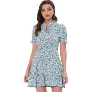 imageAllegra K Womens Ruffle Dress 2023 Summer Chiffon Tie Neck Puff Short Sleeve Floral Smock DressBluewhite