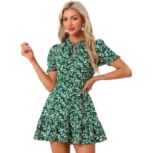 imageAllegra K Womens Ruffle Dress 2023 Summer Chiffon Tie Neck Puff Short Sleeve Floral Smock DressGreen White