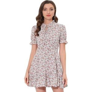 imageAllegra K Womens Ruffle Dress 2023 Summer Chiffon Tie Neck Puff Short Sleeve Floral Smock DressPink