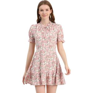imageAllegra K Womens Ruffle Dress 2023 Summer Chiffon Tie Neck Puff Short Sleeve Floral Smock DressPinkwhite