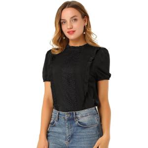 imageAllegra K Womens Ruffle Frilled Crochet Lace Panel Mock Neck Short Sleeve Shirt BlouseBlack