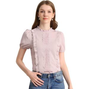 imageAllegra K Womens Ruffle Frilled Crochet Lace Panel Mock Neck Short Sleeve Shirt BlousePink