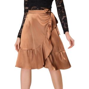 imageAllegra K Womens Ruffle Satin High Waist Tie Wrap Asymmetrical Midi SkirtBrown