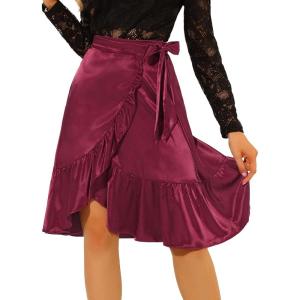 imageAllegra K Womens Ruffle Satin High Waist Tie Wrap Asymmetrical Midi SkirtBurgundy