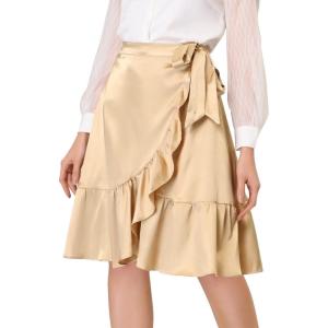 imageAllegra K Womens Ruffle Satin High Waist Tie Wrap Asymmetrical Midi SkirtKhaki