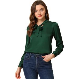 imageAllegra K Womens Satin Work Office Blouse Tie Neck Business Casual TopDark Green