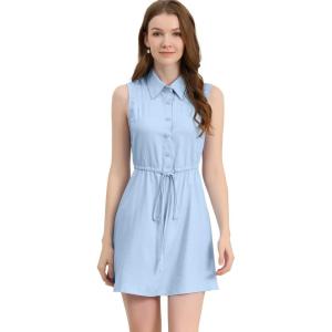 imageAllegra K Womens Sleeveless Shirt Dress Point Collar Drawstring Waist Button Down ShirtdressLight Blue