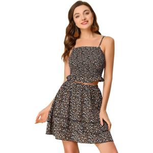 imageAllegra K Womens Summer 2 Piece Outfit Dress Cami Crop Top Tiered Floral Skirt SetBlack