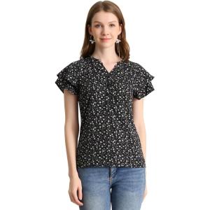 imageAllegra K Womens Summer Floral Blouse Button V Neck Ruffled Cap Short Sleeve Casual Peasant TopBlack