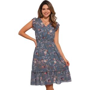 imageAllegra K Womens Summer Floral Dress Flutter Sleeve V Neck Ruffle Casual Beach Vacation Smocked DressesBlue Gray