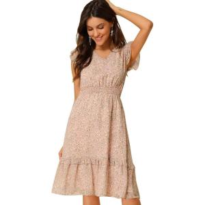 imageAllegra K Womens Summer Floral Dress Flutter Sleeve V Neck Ruffle Casual Beach Vacation Smocked DressesPink