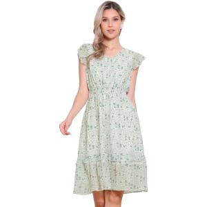 imageAllegra K Womens Summer Floral Dress Flutter Sleeve V Neck Ruffle Casual Beach Vacation Smocked DressesWhite Green