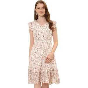 imageAllegra K Womens Summer Floral Dress Flutter Sleeve V Neck Ruffle Casual Beach Vacation Smocked DressesWhite Pink