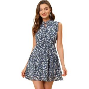 imageAllegra K Womens Summer Floral Ruffle Sleeveless Tie Neck Chiffon Flowy Mini DressNavy Blue