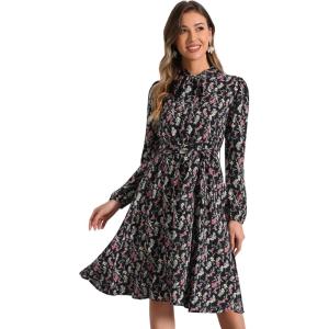 imageAllegra K Womens Tie Neck Dresses Chiffon Long Sleeve Belted Vintage Floral DressBlacks