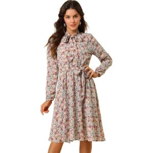 imageAllegra K Womens Tie Neck Dresses Chiffon Long Sleeve Belted Vintage Floral DressBlue