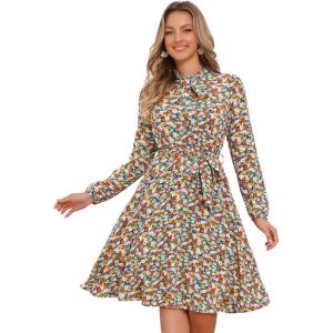 imageAllegra K Womens Tie Neck Dresses Chiffon Long Sleeve Belted Vintage Floral DressBlue Yellow