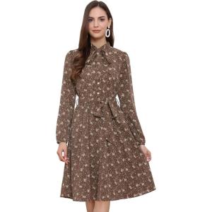 imageAllegra K Womens Tie Neck Dresses Chiffon Long Sleeve Belted Vintage Floral DressBrown