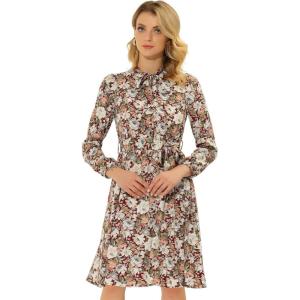 imageAllegra K Womens Tie Neck Dresses Chiffon Long Sleeve Belted Vintage Floral DressDeep Red