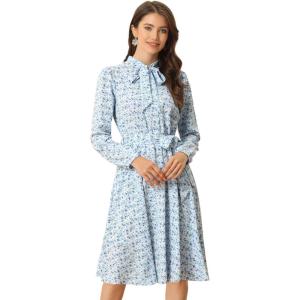 imageAllegra K Womens Tie Neck Dresses Chiffon Long Sleeve Belted Vintage Floral DressLight Blue