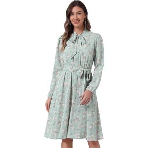 imageAllegra K Womens Tie Neck Dresses Chiffon Long Sleeve Belted Vintage Floral DressLight Green