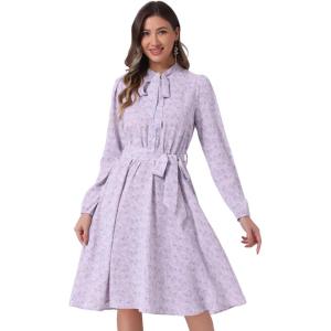imageAllegra K Womens Tie Neck Dresses Chiffon Long Sleeve Belted Vintage Floral DressLight Purple