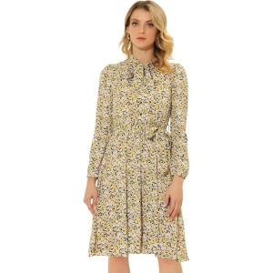 imageAllegra K Womens Tie Neck Dresses Chiffon Long Sleeve Belted Vintage Floral DressNavy Yellow