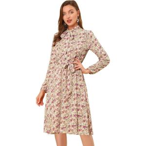 imageAllegra K Womens Tie Neck Dresses Chiffon Long Sleeve Belted Vintage Floral DressPink