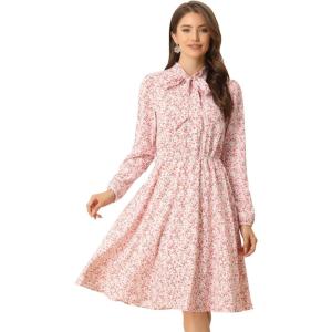 imageAllegra K Womens Tie Neck Dresses Chiffon Long Sleeve Belted Vintage Floral DressPinks