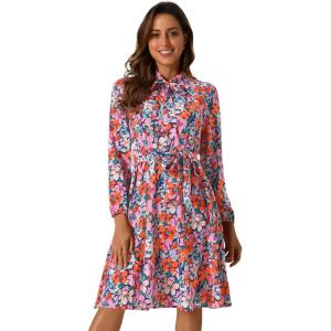 imageAllegra K Womens Tie Neck Dresses Chiffon Long Sleeve Belted Vintage Floral DressRed