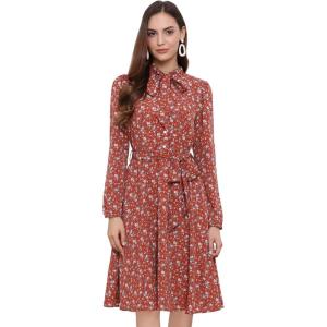 imageAllegra K Womens Tie Neck Dresses Chiffon Long Sleeve Belted Vintage Floral DressRed White
