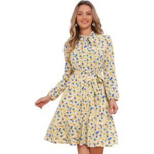 imageAllegra K Womens Tie Neck Dresses Chiffon Long Sleeve Belted Vintage Floral DressWhite Yellow