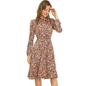 imageAllegra K Womens Tie Neck Dresses Chiffon Long Sleeve Belted Vintage Floral DressYellow