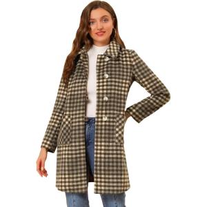 imageAllegra K Womens Turnover Collar Winter Elegant Woolen Blend Long Plaid CoatCoffee