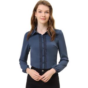 imageAllegra K Womens Work Button Down Shirt Lace Trim Business Casual Long Sleeve Blouse TopDark Blue