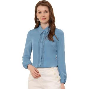imageAllegra K Womens Work Button Down Shirt Lace Trim Business Casual Long Sleeve Blouse TopGray Blue