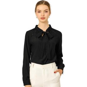 imageAllegra K Womens Work Office Tops Bow Tie Neck Button Decor Casual 2024 Spring Long Sleeve Shirt BlousesBlack