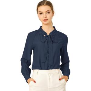 imageAllegra K Womens Work Office Tops Bow Tie Neck Button Decor Casual 2024 Spring Long Sleeve Shirt BlousesDeep Blue