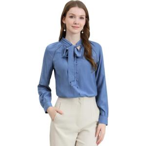 imageAllegra K Womens Work Office Tops Bow Tie Neck Button Decor Casual 2024 Spring Long Sleeve Shirt BlousesGrey Blue