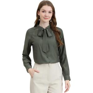 imageAllegra K Womens Work Office Tops Bow Tie Neck Button Decor Casual 2024 Spring Long Sleeve Shirt BlousesGrey Green