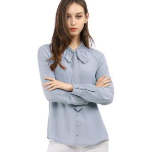 imageAllegra K Womens Work Office Tops Bow Tie Neck Button Decor Casual 2024 Spring Long Sleeve Shirt BlousesLight Blue