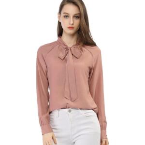 imageAllegra K Womens Work Office Tops Bow Tie Neck Button Decor Casual 2024 Spring Long Sleeve Shirt BlousesPink