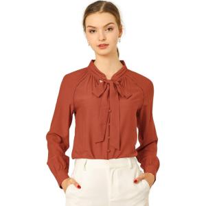 imageAllegra K Womens Work Office Tops Bow Tie Neck Button Decor Casual 2024 Spring Long Sleeve Shirt BlousesRed